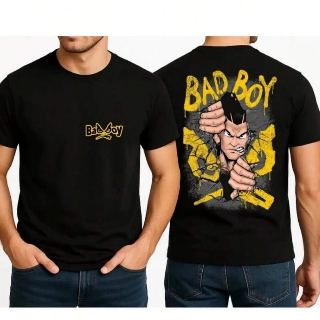 Street Fashion For Boy - ファッション BAD BOY クラック突破漫画グラフィックプリント男性黒 Tシャツストリートヒップホップクルーネック半袖トップス