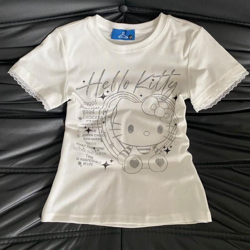 Street Summer Fashion - 夏の女性の新しいスイートクールレトロハローキティレース半袖Tシャツスリムトップスかわいいストリートファッション2026半袖インズ