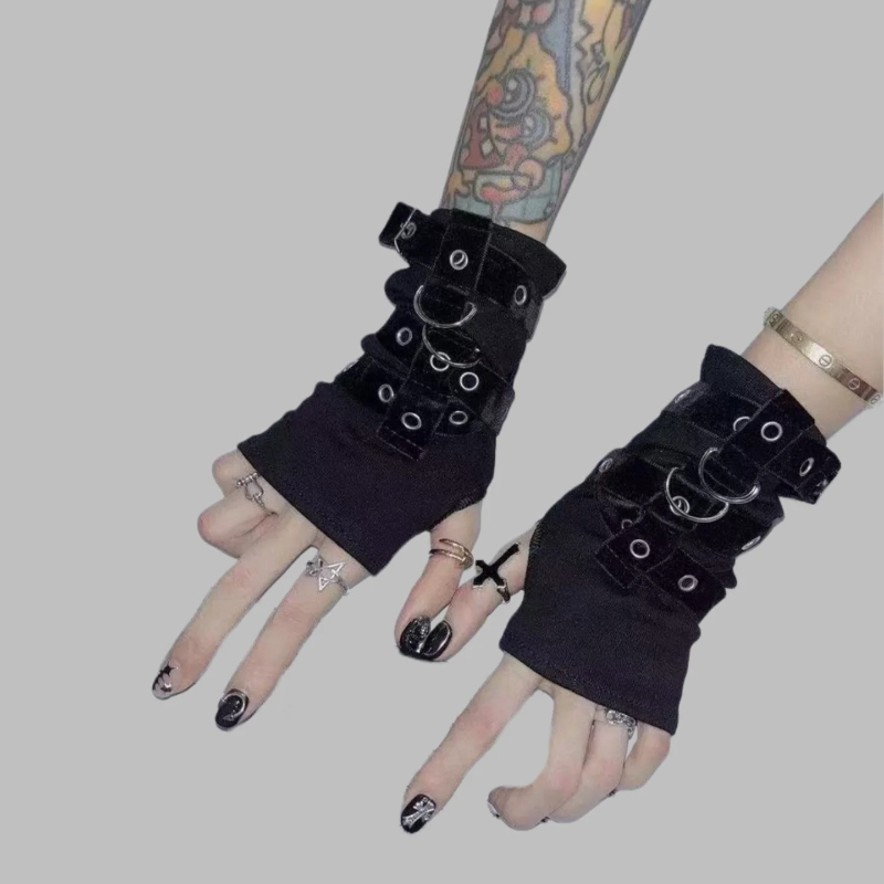 Street Fashion Gloves - Y2K パーソナライズされたバックル付きパンクスタイルフィンガーレスグローブ、女性用、ルオヒップホップスタイルステージパフォーマンスストリートダンススリーブ