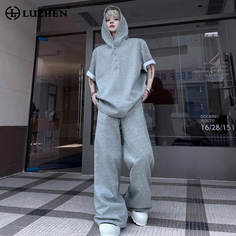 Street Summer Fashion - LUZHEN オリジナルトップススリーブ 2026 ショートサマーパーカー新しいメンズルーズストレートカジュアルパンツファッションストリートツーピースセット JY7334