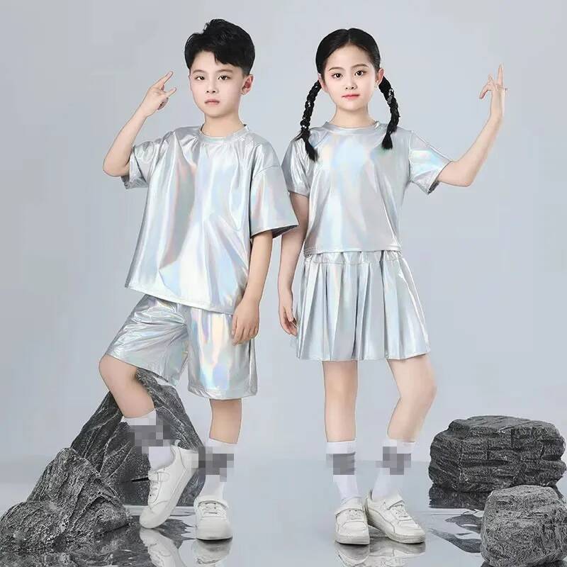 Street Fashion For Boy - 男の子と女の子のヒップホップセットシルバーカラージャズダンス衣装子供パフォーマンス服ファッション滑走路ストリートダンス衣装