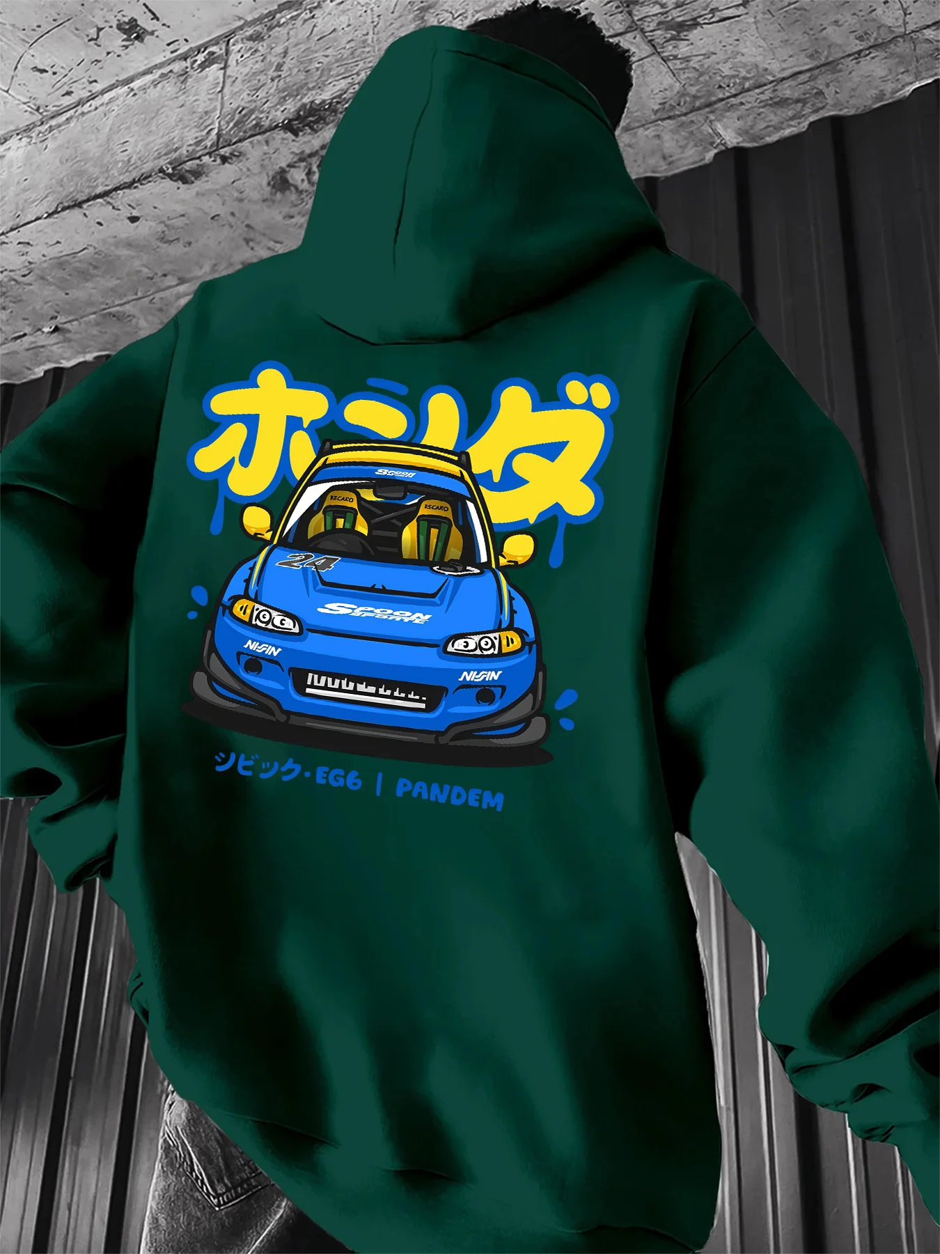 Street Fashion Culture - ヴィンテージJDMドリフトレースカー、日本のグラフィティテキストバックプリントフーディ、ユニセックス長袖プルオーバー、カーカルチャー、ストリートファッション