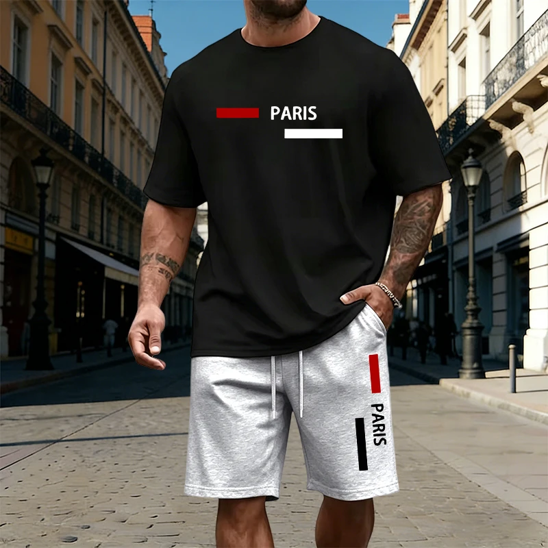 Street Fashion Paris - 2026年パリプリントメンズセット綿Tシャツと速乾ショーツ夏のデイリーカジュアルファッションTシャツスポーツウェアアウトドアジョガースーツ