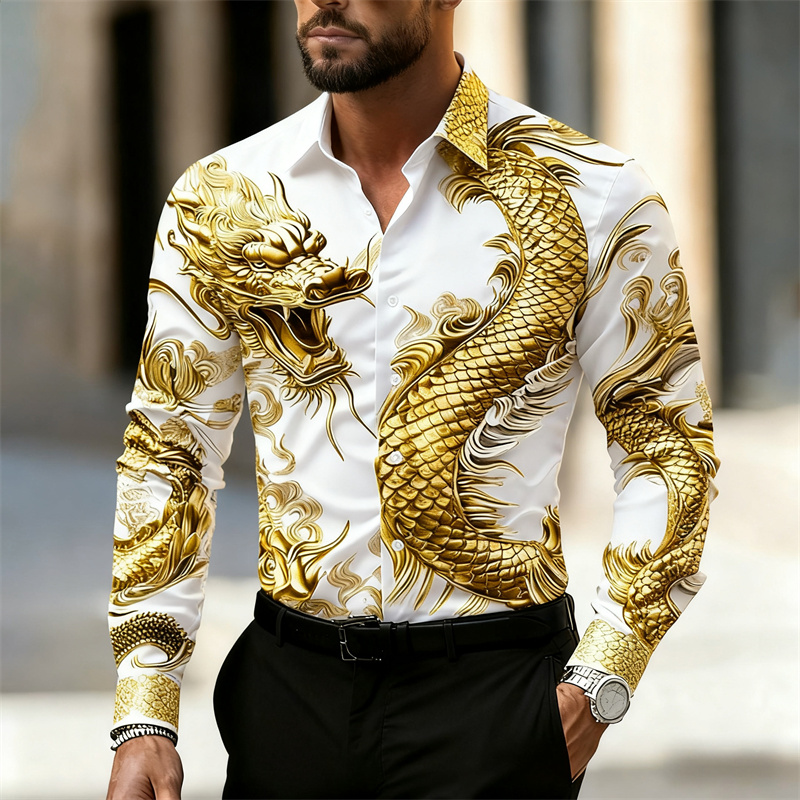 Street Fashion In Chinese - メンズシャツ 長袖シャツ 中国龍HDパターン 3Dプリント ラペル ファッション