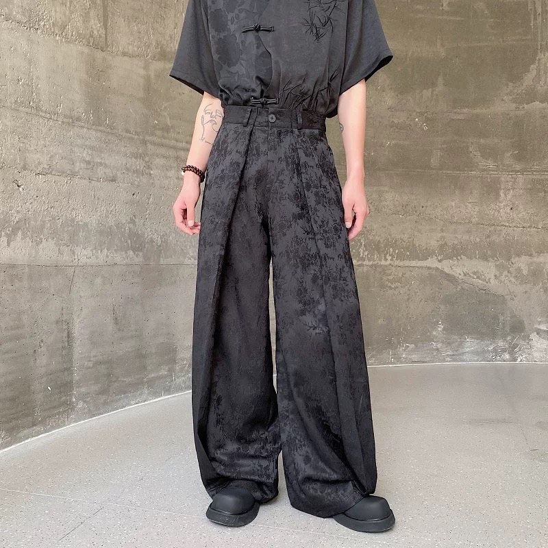 Street Fashion In Chinese - 男性中国風ワイドレッグパンタロン男性トレンディなファッションエレガントなシニアパンツデザインハイストリートストリートウェアルーズカジュアルズボン