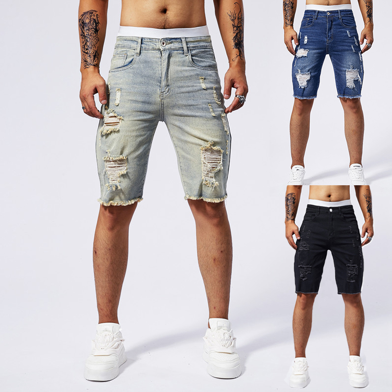 Street Fashion Men 2025 - 2025 夏の新メンズリッピングデニムショーツファッションヴィンテージ穴ストリートストレッチスリム膝丈ショートパンツトレンディなブランド男性