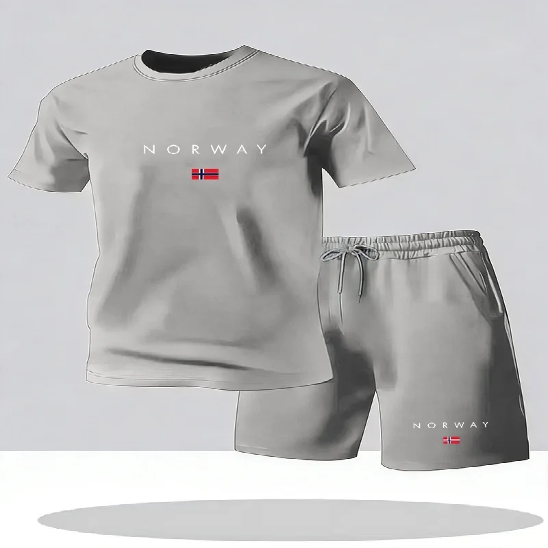 Street Fashion Shanghai - 2026年新作 メンズカジュアル半袖ショートパンツ2点セット アーバンストリートファッション Tシャツショートパンツセット メンズプリントスポーツウェア