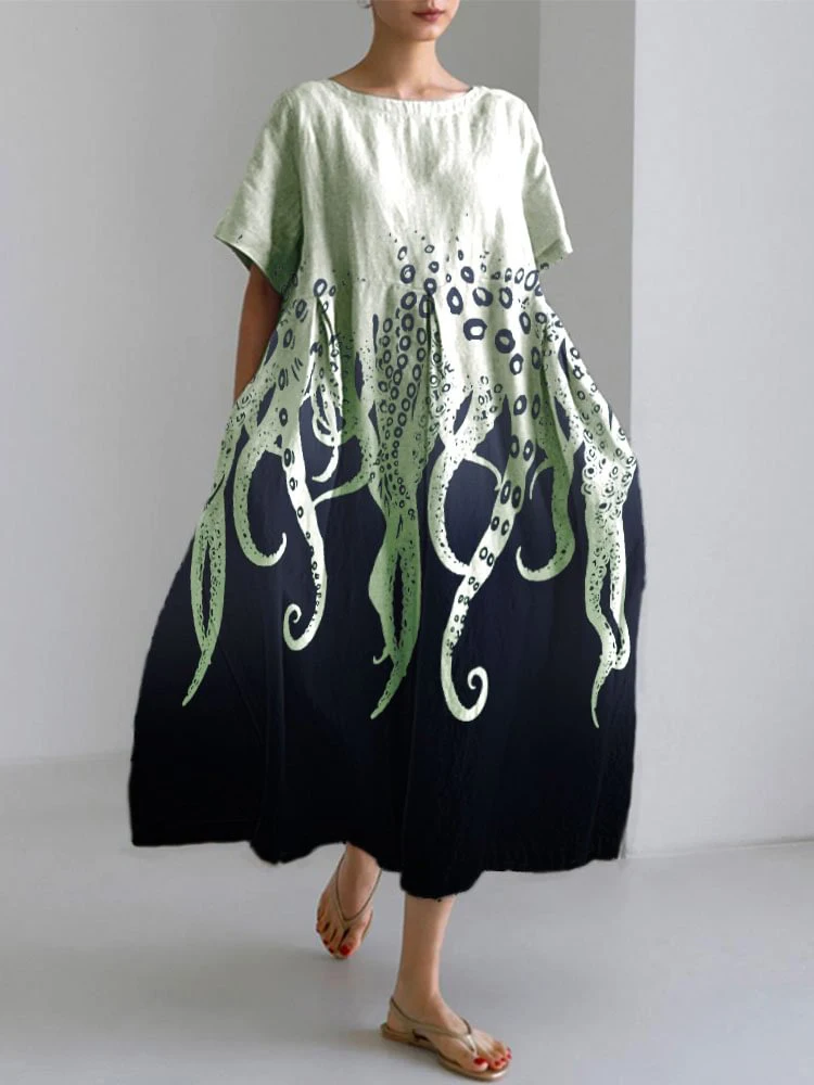 Street Fashion Shanghai - 女性の秋のカジュアルルーズドレスフラワープリントラウンドネック半袖大きいサイズAラインスカートレディースファッションストリートドレス