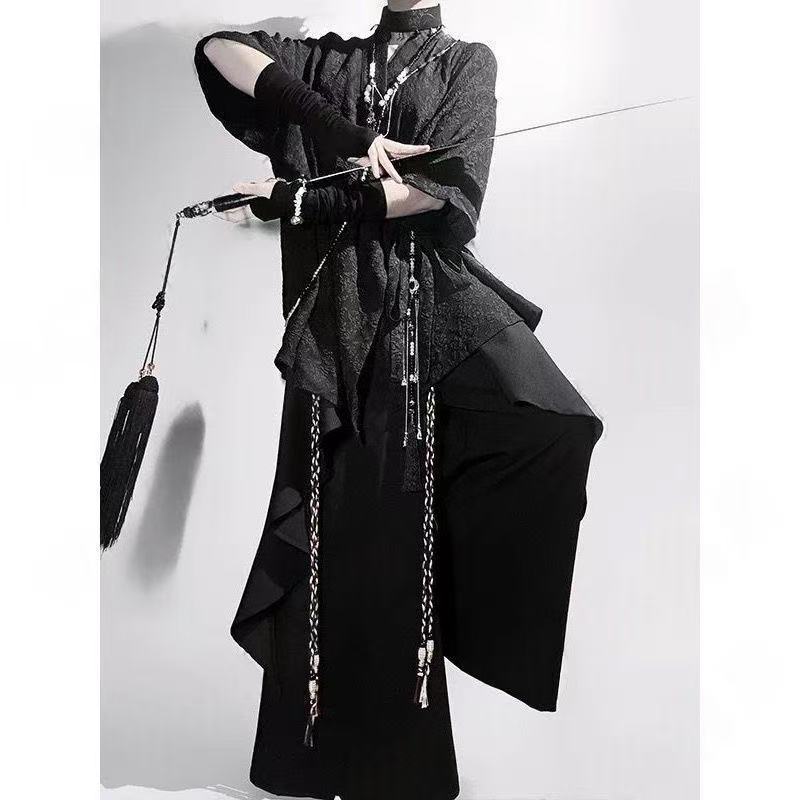 Street Fashion In Chinese - ヴィンテージストリートトレンディ Y2K ファッション衣類ジャカードニッチブラックバイセックスコスチューム男性女性新しい中国風不規則なトップスシャツ