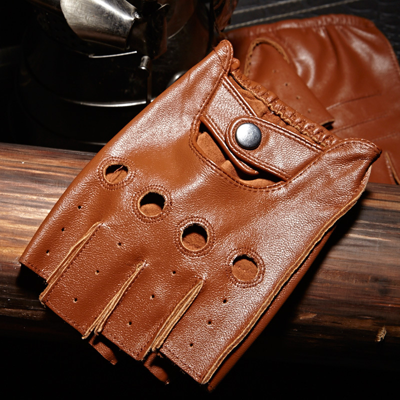 Street Fashion Gloves - 高品質男性のハーフフィンガーグローブ通気性ノンスリップフィットネスレザー指なし手袋黒ラクダ運転手袋男性 NAN7