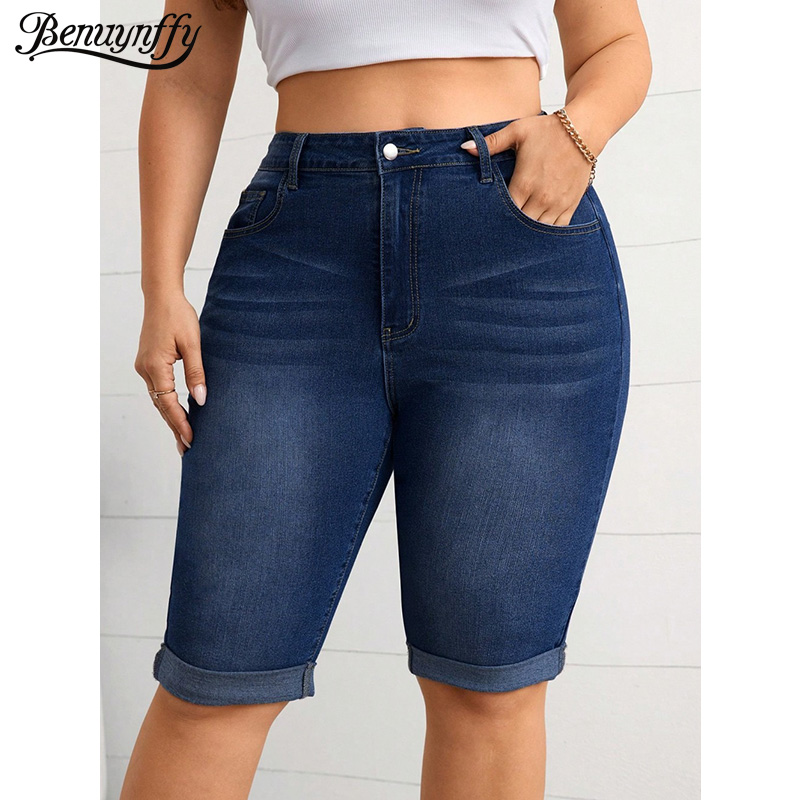 Street Fashion Jeans Women - Benuynffy プラスサイズヴィンテージミッドウエストロールヘムペンシルジーンズ女性夏ウォッシュブルーストレッチデニムハーフパンツストリートウェア
