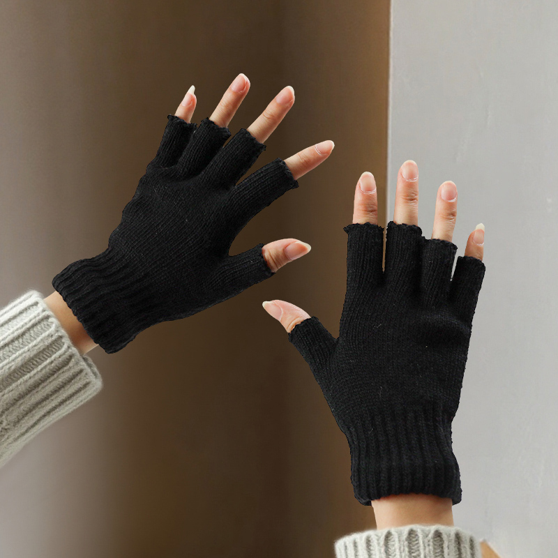 Street Fashion Gloves - 女性用ウールハーフフィンガーグローブ、男性用のかわいいニット糸の両用グローブ、冬に暖かさを保つために厚手、学生向けの指なしグローブ