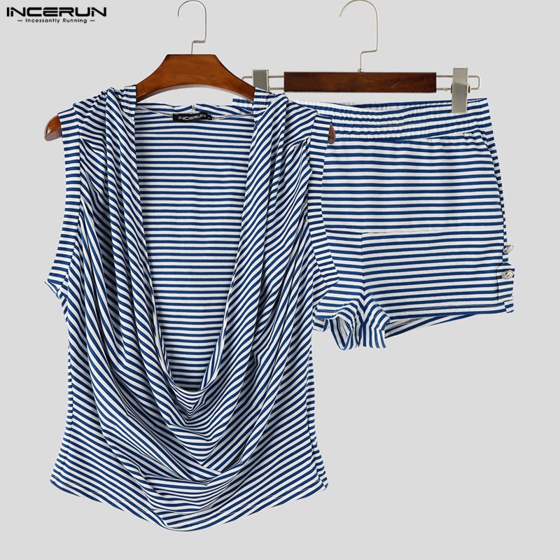 Street Summer Fashion - INCERUN 男性ストライプセット夏フード付きノースリーブタンクトップショーツ 2 点セットストリートウェア 2026 ルーズカジュアル男性マッチングセット