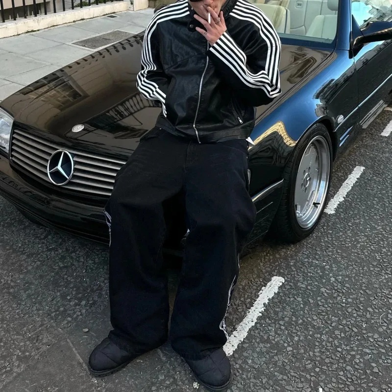 Street Fashion Europe - プレミアムコスプレ衣装 Y2K ヒップホップファッション ストライプ柄 シンプルジッパー レザー
