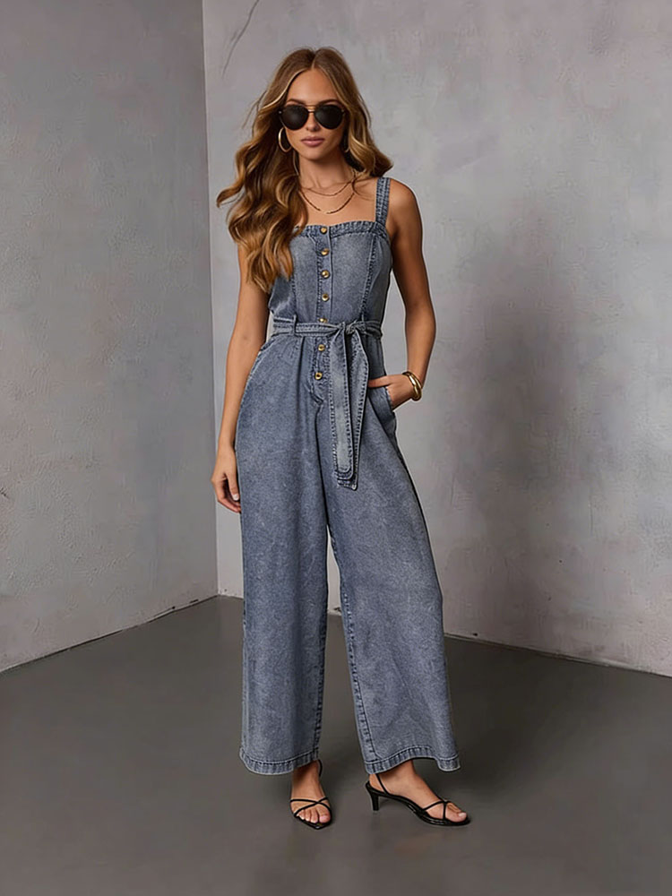 Street Fashion Jeans Women - サマービンテージ レディースデニムジャンプスーツ 2026新作 カジュアル レースアップ ノースリーブ