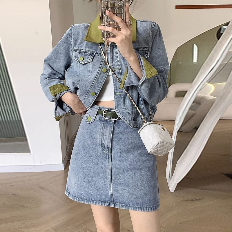 Street Fashion Jeans Women - デニムコートミニスカートツーピースセット春秋の女性のファッションパッチワークショートジャケット A ラインスカート衣装新しいジーンズスーツ