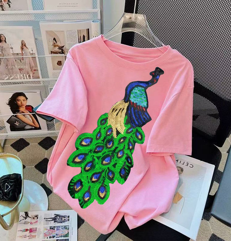 Street Fashion Shanghai - 韓国ファッションピンク刺繍クマビーズ Tシャツ女性ヴィンテージヘビーちょう結び夏の女性のカジュアルルーズトップ原宿服