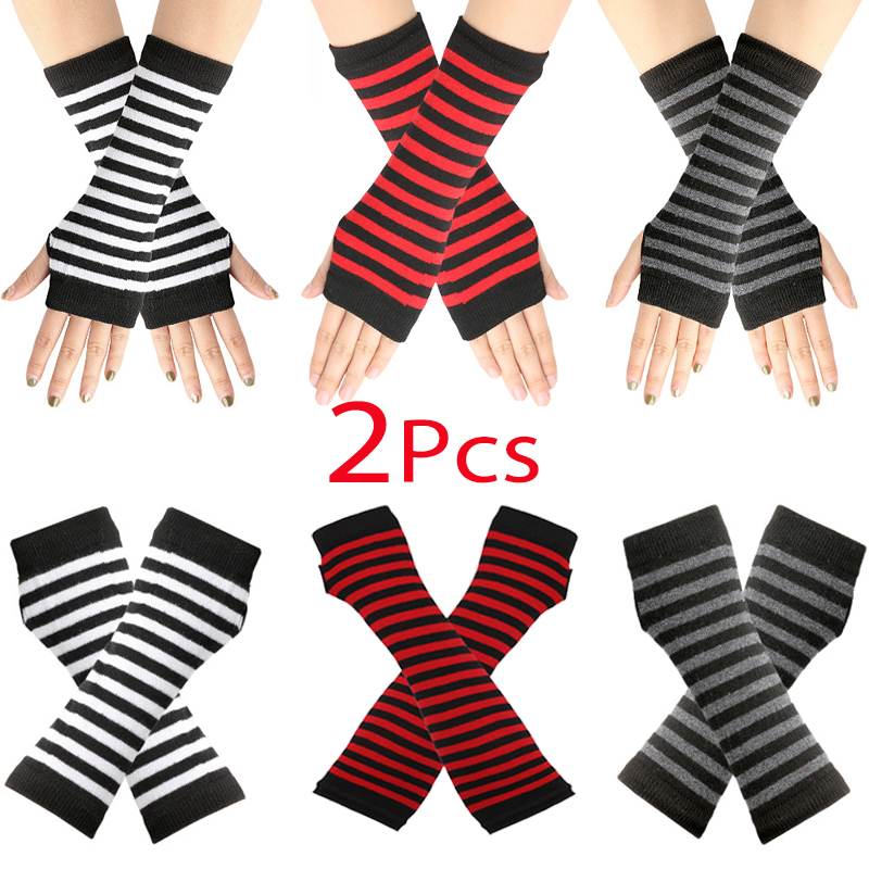 Street Fashion Gloves - Y2K パンク長袖手袋男性女性用指なしストライプヒップホップミトンニット肘弾性屋外ウォーマーアームフィンガー