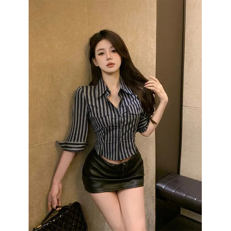 Street Fashion In Korea - MEXZT ストライプシャツ女性のファッションセクシーなギャルクロップドブラウス夏のオフィスレディース韓国のエレガントな長袖デザインスリムトップス