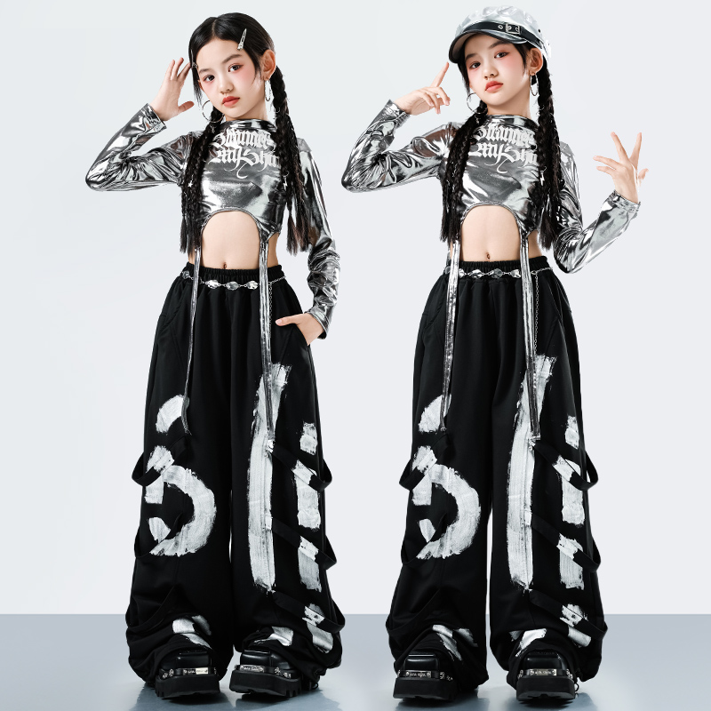 Street Fashion In Korea - 韓国 Y2K キッズストリートウェアスタイルヒップホップダンス衣装女の子ファッションジャズラッパースーツ子供ステージパフォーマンス服セット