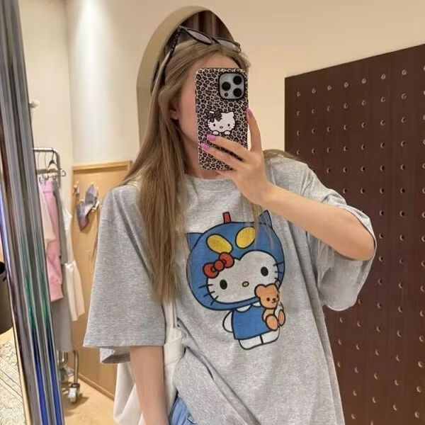 Street Summer Fashion - 半袖ハローキティプリント Tシャツサンリオレディース夏新作ルーズデザイン多用途純綿トップス楽しいストリートファッション