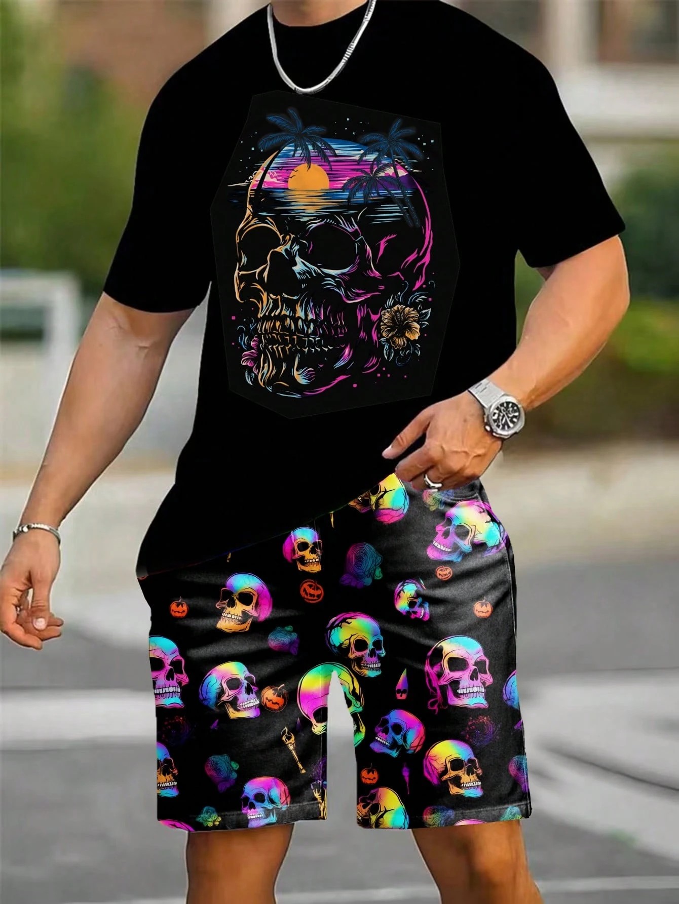 Street Summer Fashion - 2026年夏新作 メンズ半袖ショートパンツセット 3Dパターンプリント入り - ストリートカジュアルファッション 快適で柔らかい