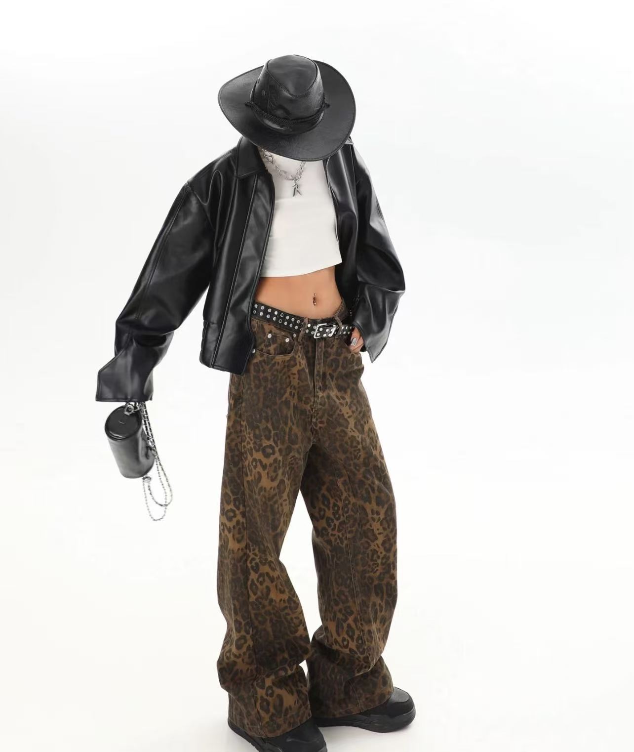 Street Fashion Jeans Women - 韓国原宿レトロ QICHE 男女兼用ハイストリートヒョウ柄ワイドレッグパンツルーズストレート新しいファッショントレンドカジュアルジーンズ