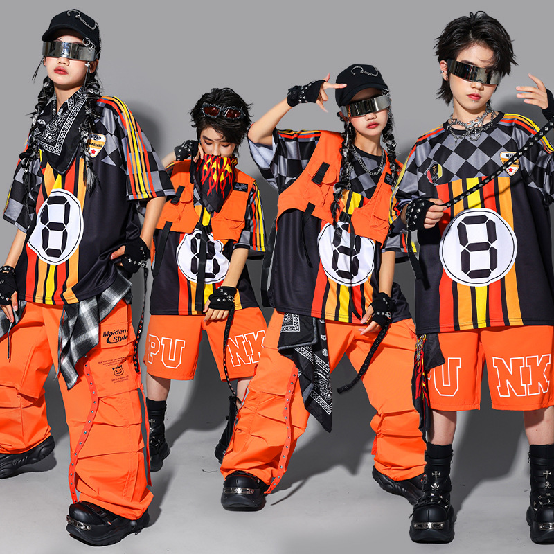 Street Fashion For Boy - 男の子用ヒップホップファッションK-POPストライプトップスオレンジカーゴパンツ、女の子用ストリートダンスショートパンツ、グループストリートウェアジャズ服セット