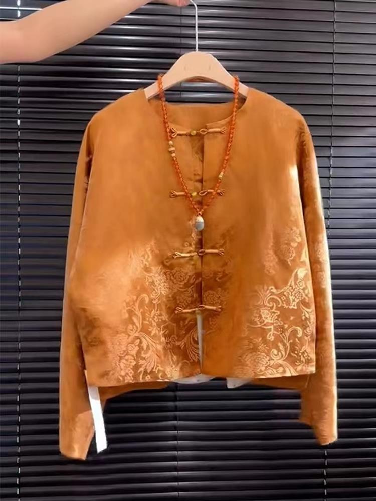 Street Fashion In Chinese - 新しいハイエンドサテンオレンジ花柄刺繍ソンジントップ中国風ストリートファッション女性の漢服ストレートチューブレギュラー丈