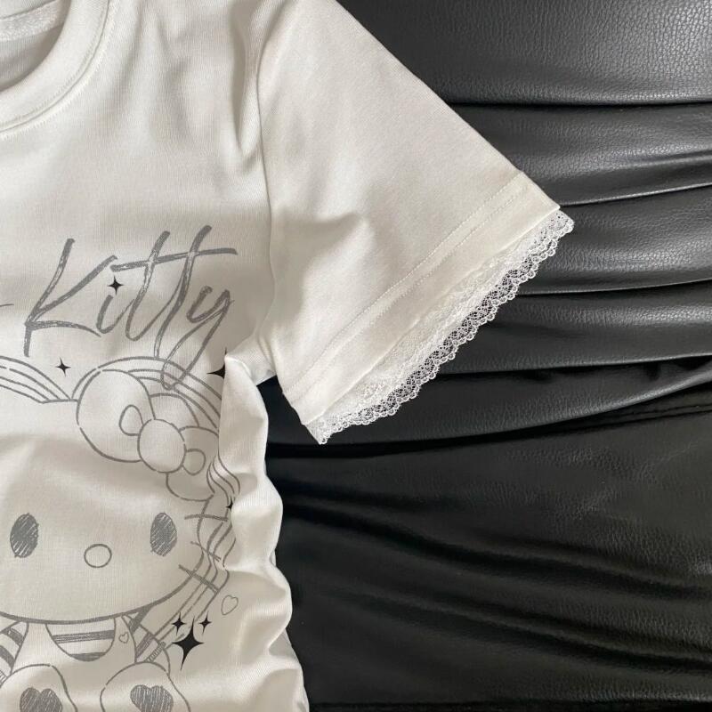 夏の女性の新しいスイートクールレトロハローキティレース半袖T - Street Summer Fashion のレビューと価格