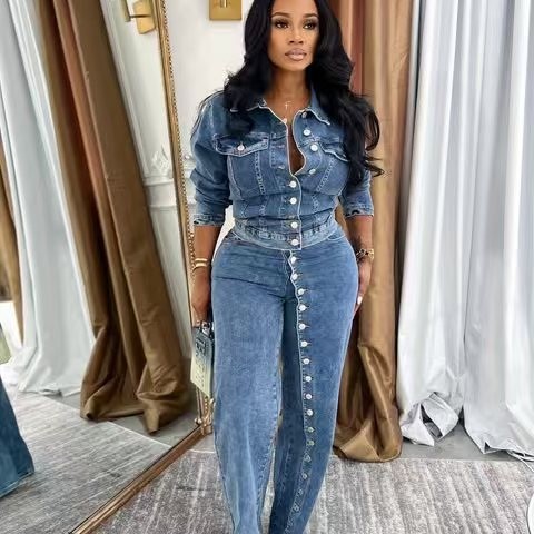 ジーンズスーツ レディース デニム ツーピースセット コート - Street Fashion Jeans Women のレビューと価格