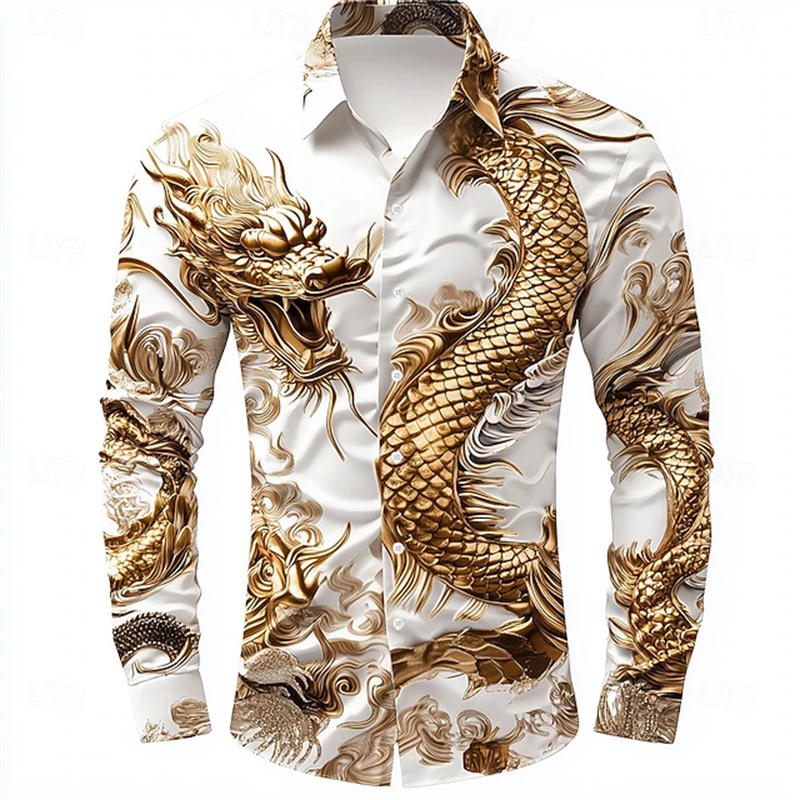 メンズシャツ 長袖シャツ 中国龍HDパターン 3Dプリント  - Street Fashion In Chinese のレビューと価格
