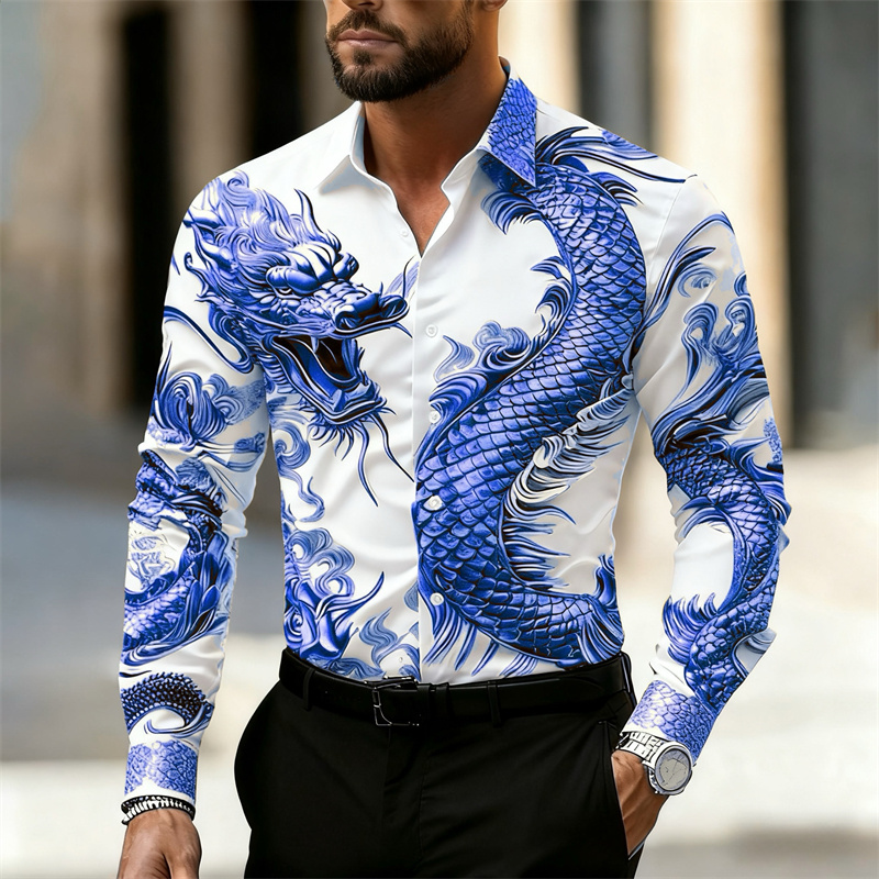 メンズシャツ 長袖シャツ 中国龍HDパターン 3Dプリント  - Street Fashion In Chinese のレビューと価格