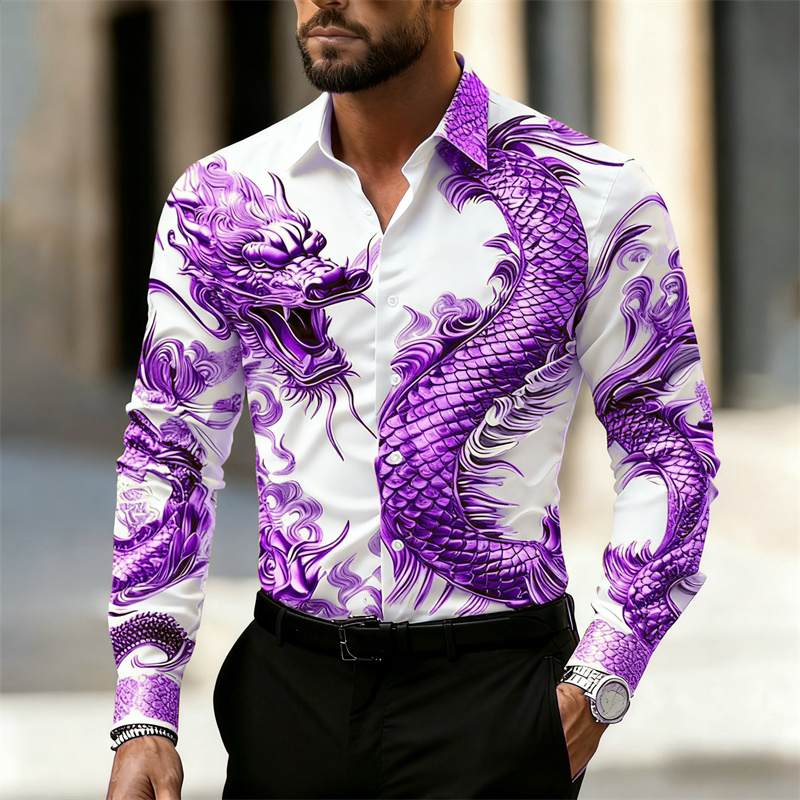 メンズシャツ 長袖シャツ 中国龍HDパターン 3Dプリント  - Street Fashion In Chinese のレビューと価格