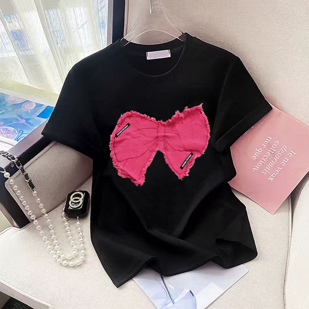 ローズレッドデニム蝶ネクタイOネック半袖Tシャツゆったり20 - Street Fashion Shanghai のレビューと価格
