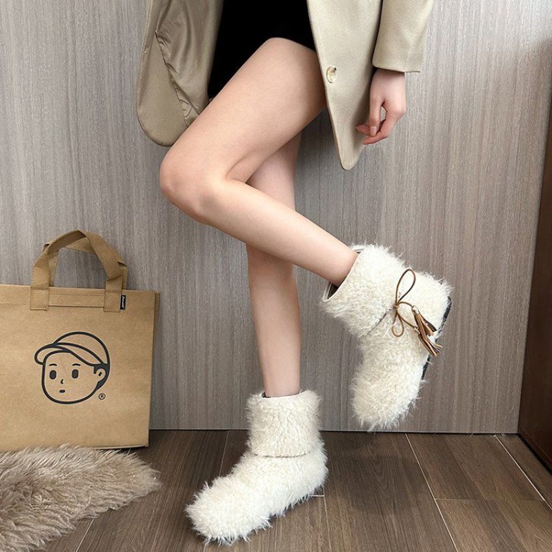 無地のフリース裏地付きホワイトレディースシューズ、暖かいフラ - Street Fashion Online のレビューと価格