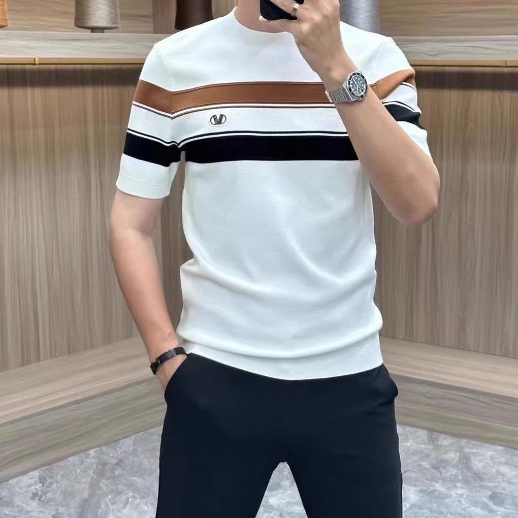 男性用の快適でカジュアルなTシャツ,ストライプのラウンドネッ - Street Fashion Now のレビューと価格