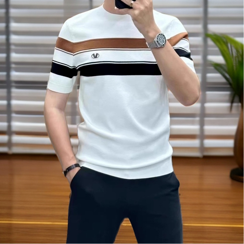 男性用の快適でカジュアルなTシャツ,ストライプのラウンドネッ - Street Fashion Now のレビューと価格