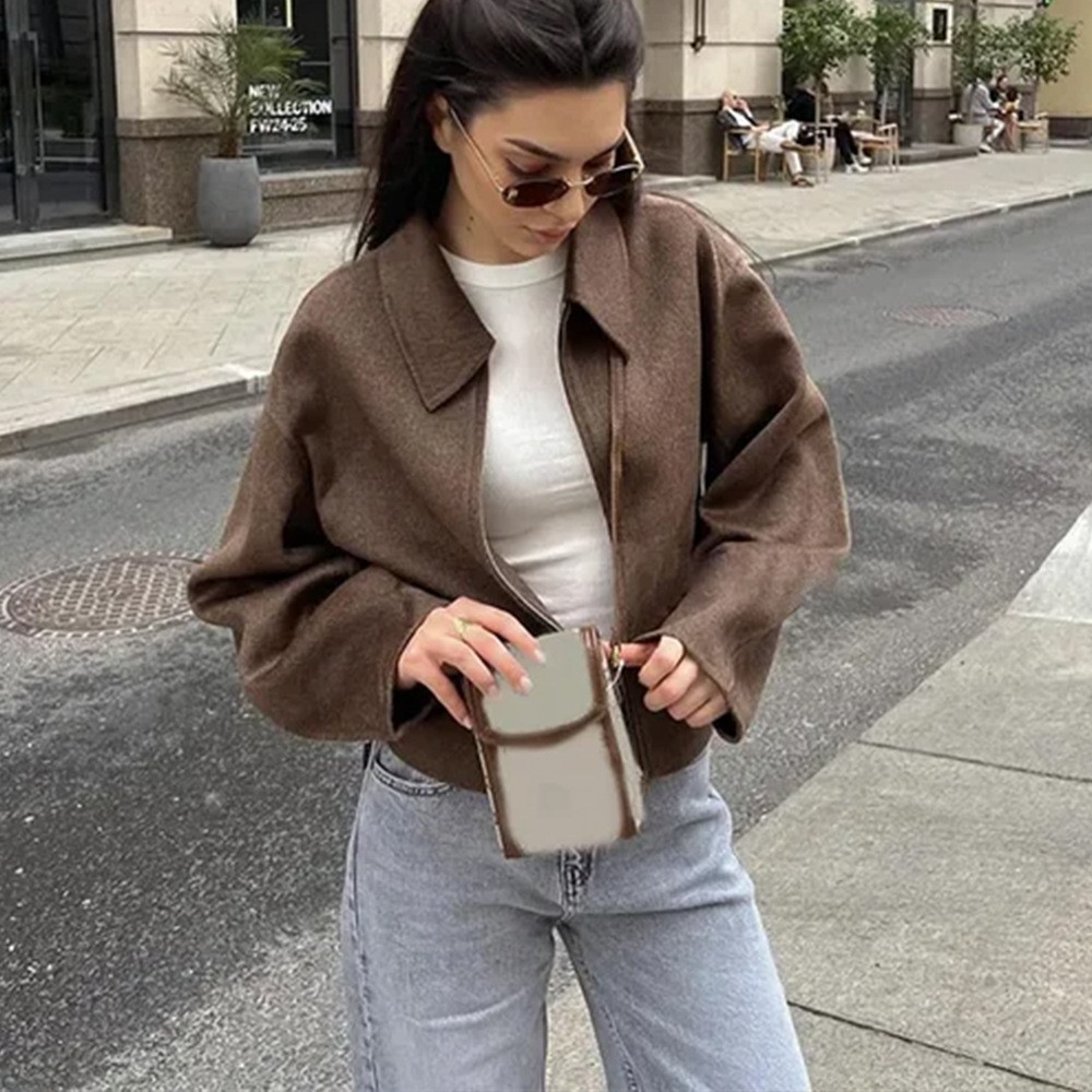 ヴィンテージソリッドブラウンターンダウンカラーコート女性のた - Street Fashion Shanghai のレビューと価格