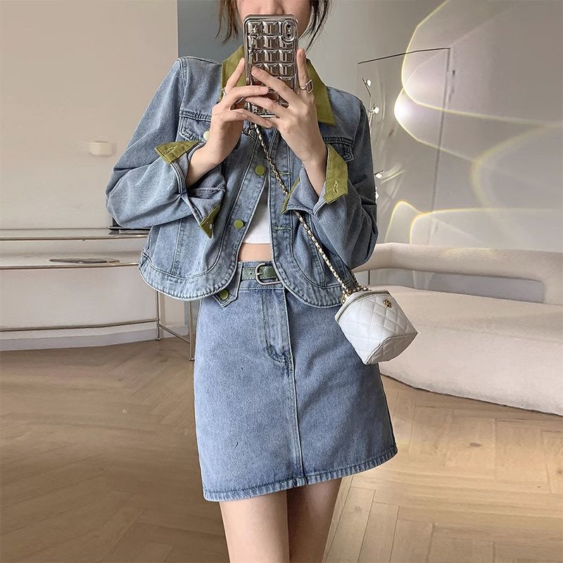 デニムコートミニスカートツーピースセット春秋の女性のファッシ - Street Fashion Jeans Women のレビューと価格
