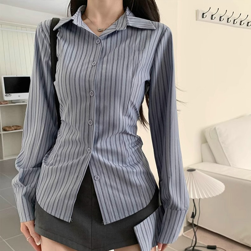 Y2k ストライプシャツ女性長袖デザインボタンアップトップス - Street Fashion In Korea のレビューと価格
