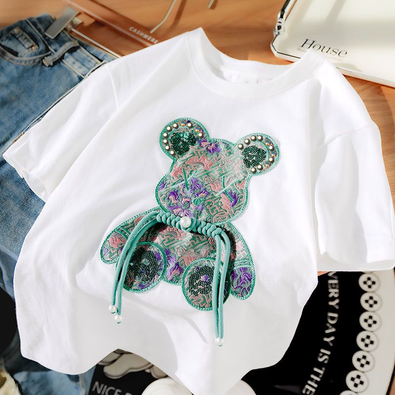 韓国ファッションピンク刺繍クマビーズ Tシャツ女性ヴィンテー - Street Fashion Shanghai のレビューと価格