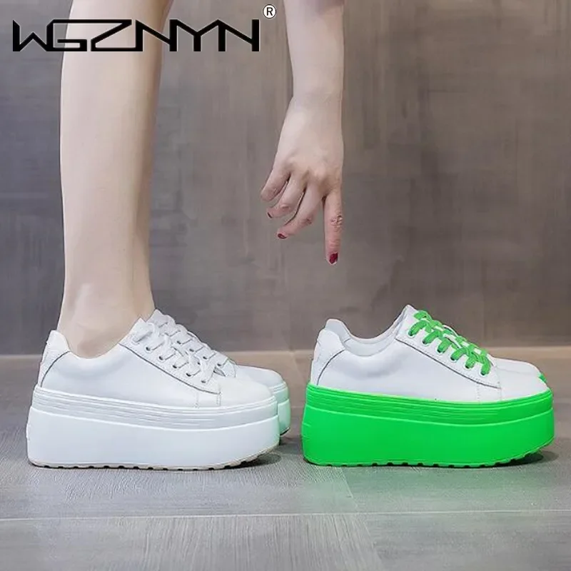 高級秋本革女性カジュアルシューズ超厚い 8 センチメートルプ - Chunky Sneaker Platform のレビューと価格