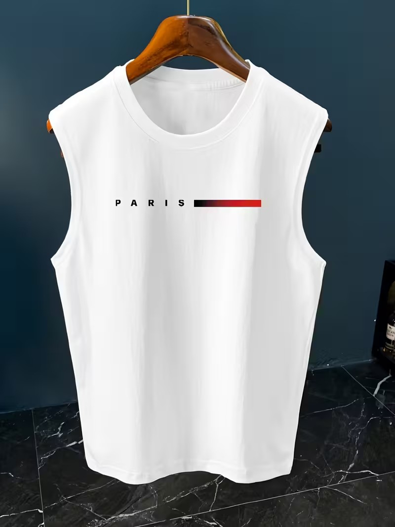 メンズミニマリストパリレタープリントノースリーブタンクトップ - Street Fashion Paris のレビューと価格