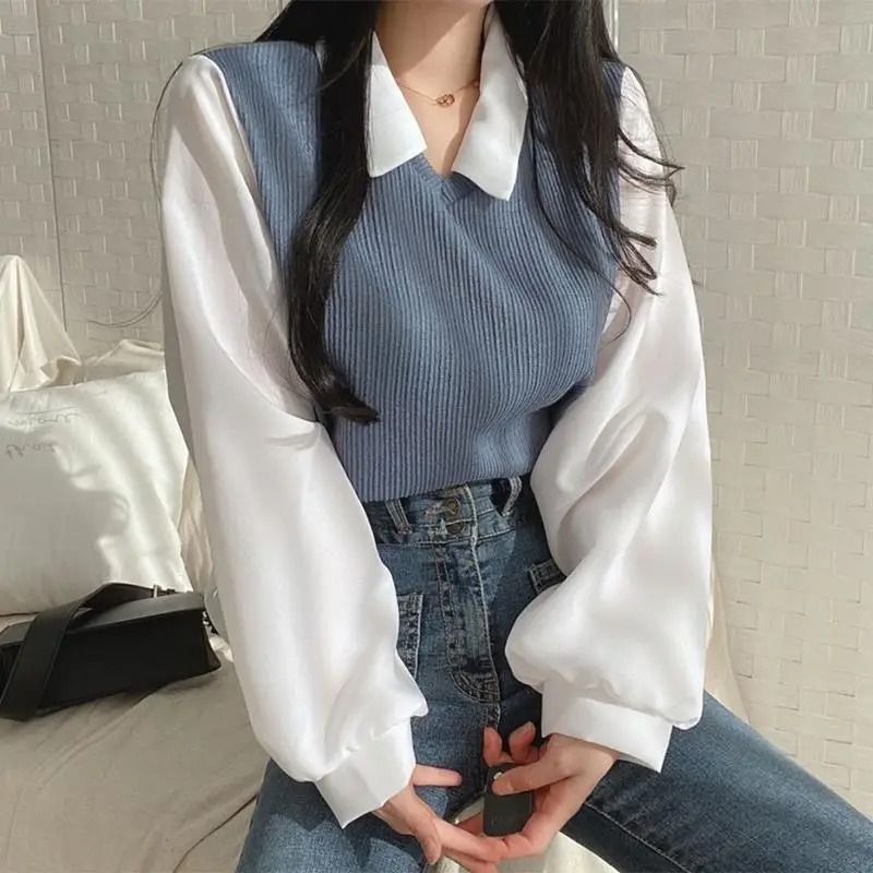 夏のブラウス女性韓国スタイル偽ツーピースポロカラーブラウス  - Street Fashion In Korea のレビューと価格