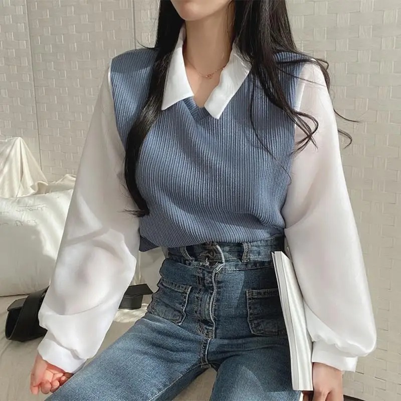 夏のブラウス女性韓国スタイル偽ツーピースポロカラーブラウス  - Street Fashion In Korea のレビューと価格