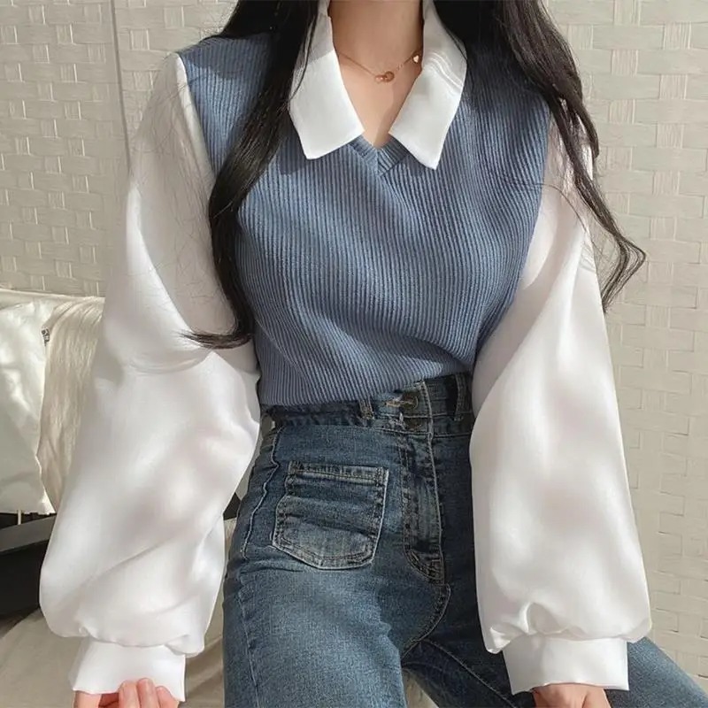 夏のブラウス女性韓国スタイル偽ツーピースポロカラーブラウス  - Street Fashion In Korea のレビューと価格