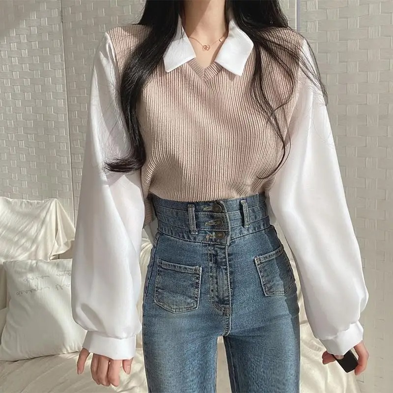夏のブラウス女性韓国スタイル偽ツーピースポロカラーブラウス  - Street Fashion In Korea のレビューと価格