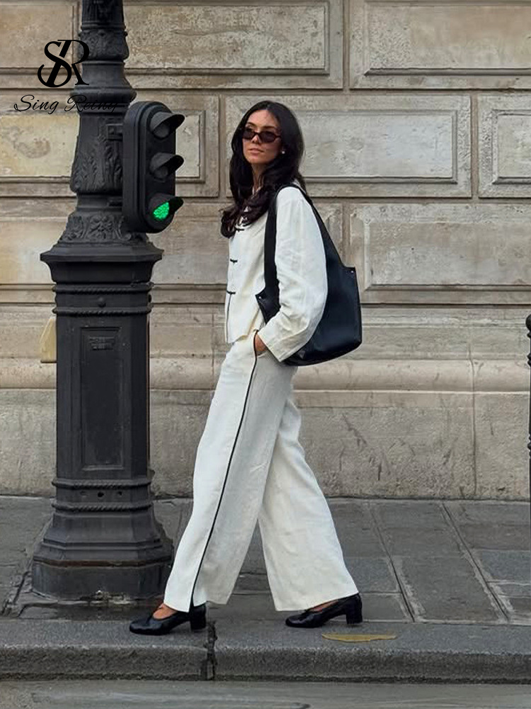 ソリッドカラーの女性用着物ジャケットとワイドレッグパンツのセ - Street Fashion In Chinese のレビューと価格