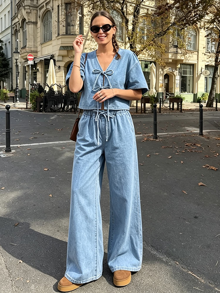 カジュアルな半袖Vネックレースアップシャツ、ハイウエストワイ - Street Fashion Jeans Women のレビューと価格
